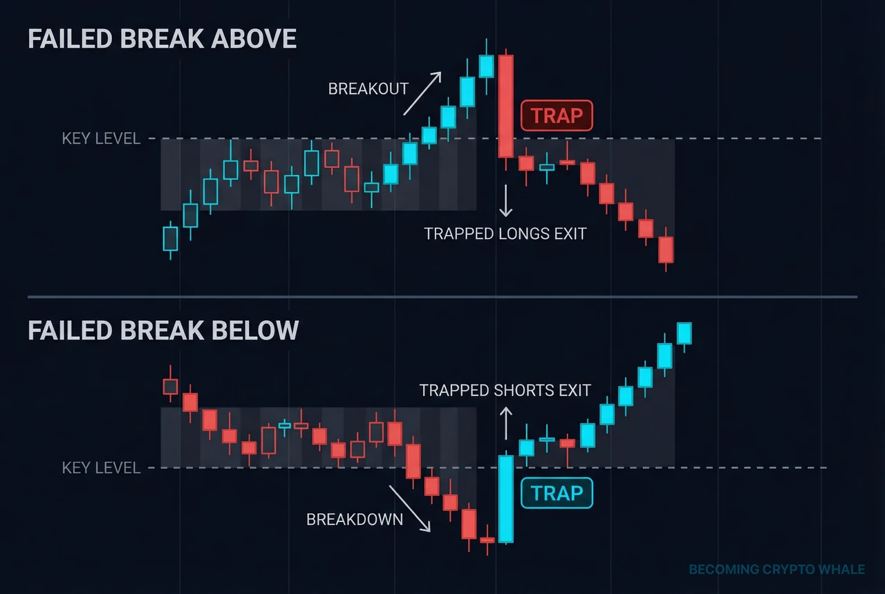 Price tests above and below a key horizontal level several times, then makes a final failed break above before reversing sharply lower as trapped longs exit