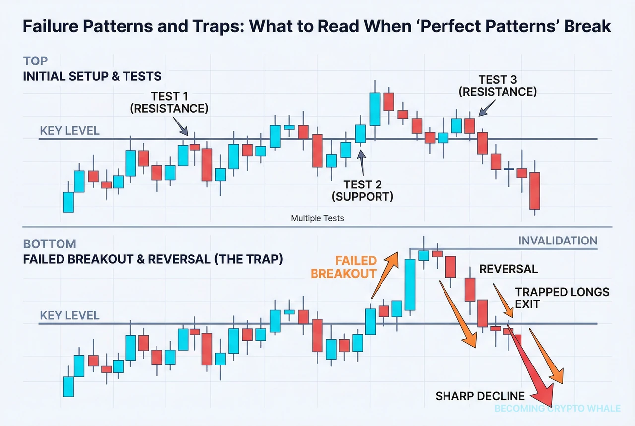 Price tests above and below a key horizontal level several times, then makes a final failed break above before reversing sharply lower as trapped longs exit