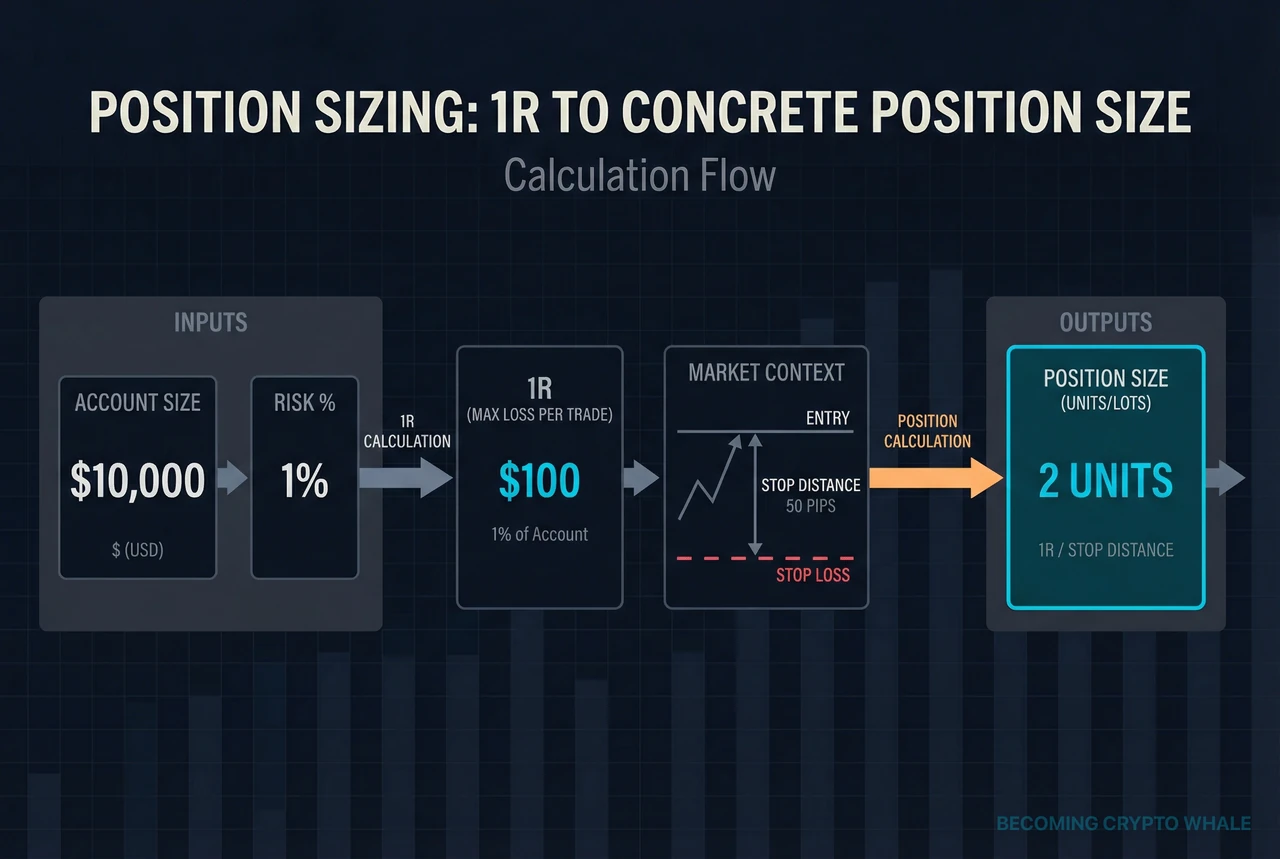 Calculation flow from account size, 1R, and stop distance to position quantity