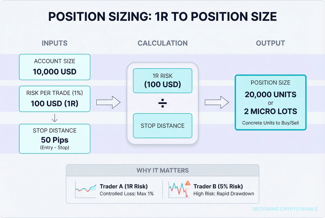 Calculation flow from account size, 1R, and stop distance to position quantity