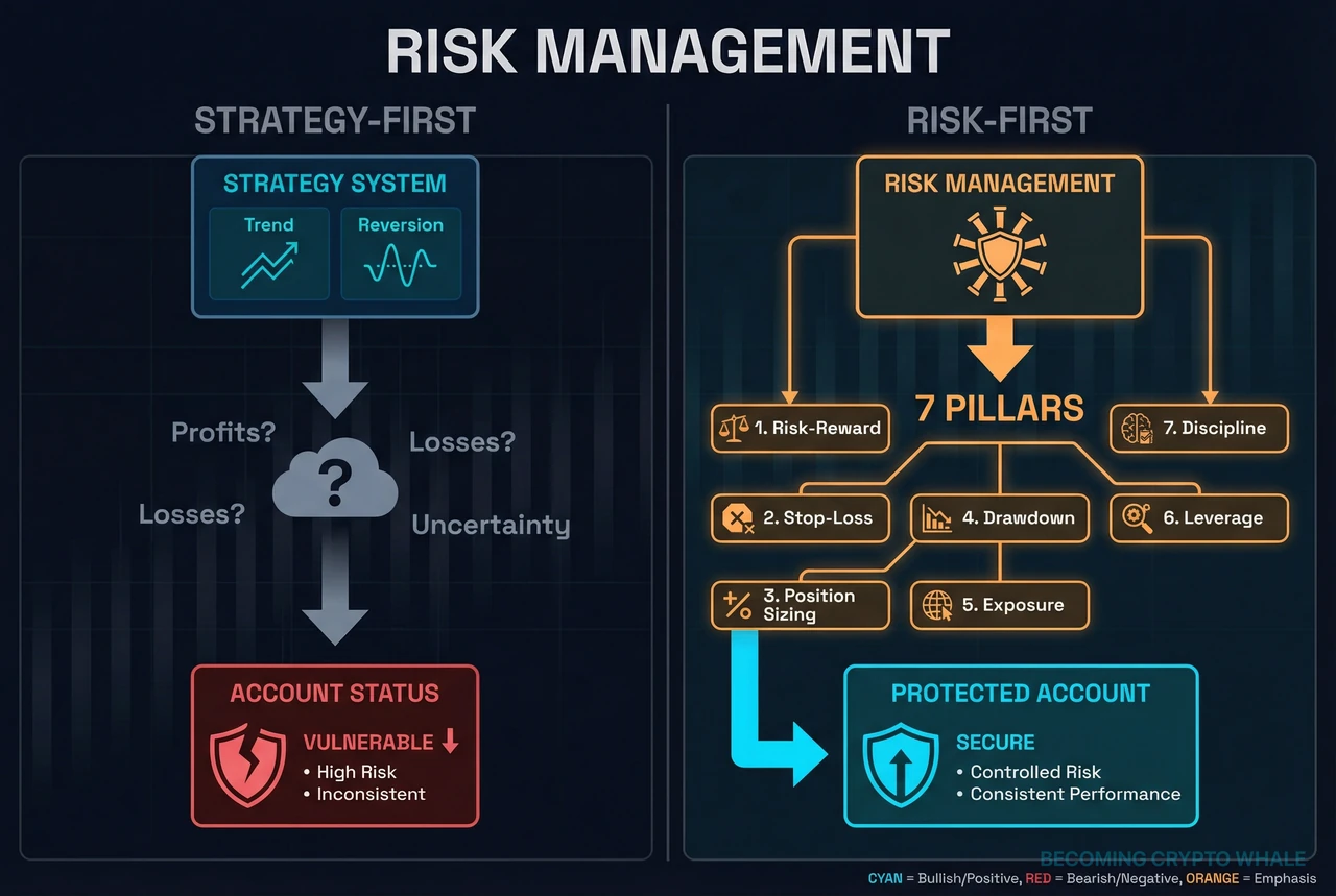 리스크-리워드, 손절, 포지션 사이징, 드로다운 등 리스크 관리의 7가지 축을 보여주는 구조도