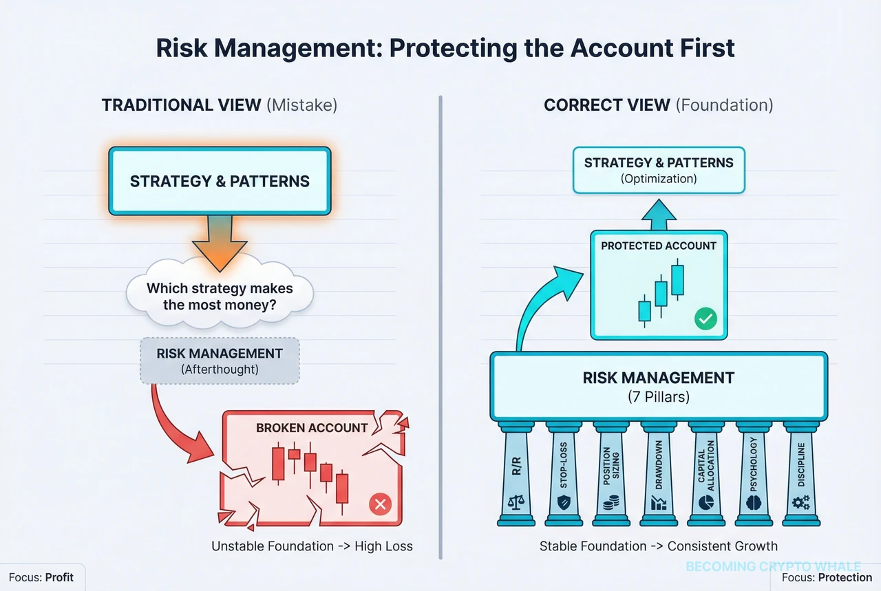 리스크-리워드, 손절, 포지션 사이징, 드로다운 등 리스크 관리의 7가지 축을 보여주는 구조도