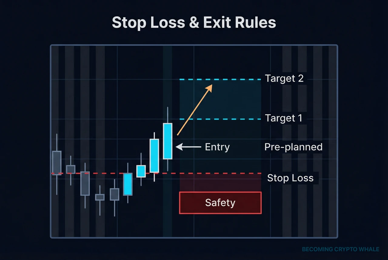 차트 위에 손절, 1차 목표, 2차 목표가 표시된 출구 전략 구조
