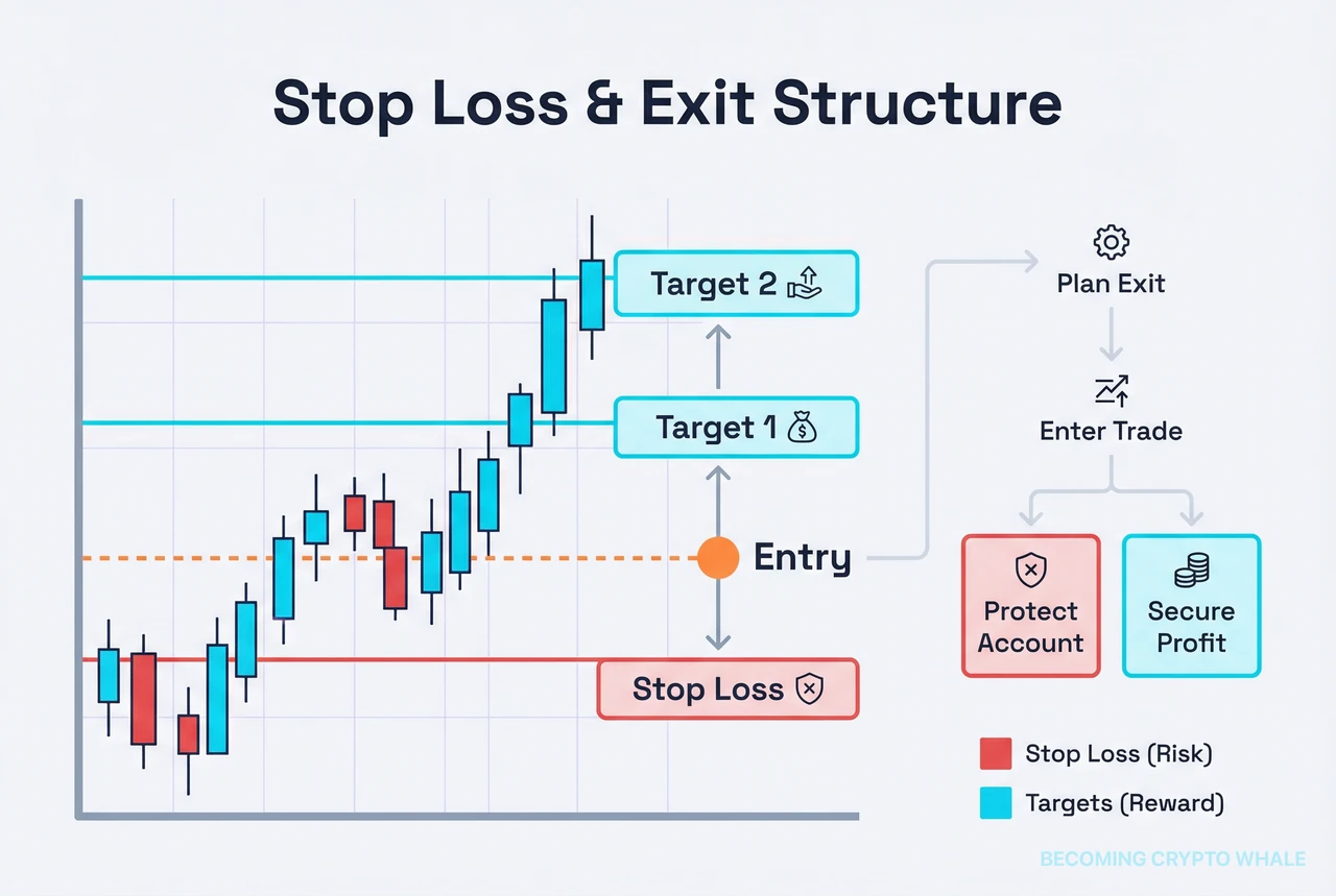 차트 위에 손절, 1차 목표, 2차 목표가 표시된 출구 전략 구조