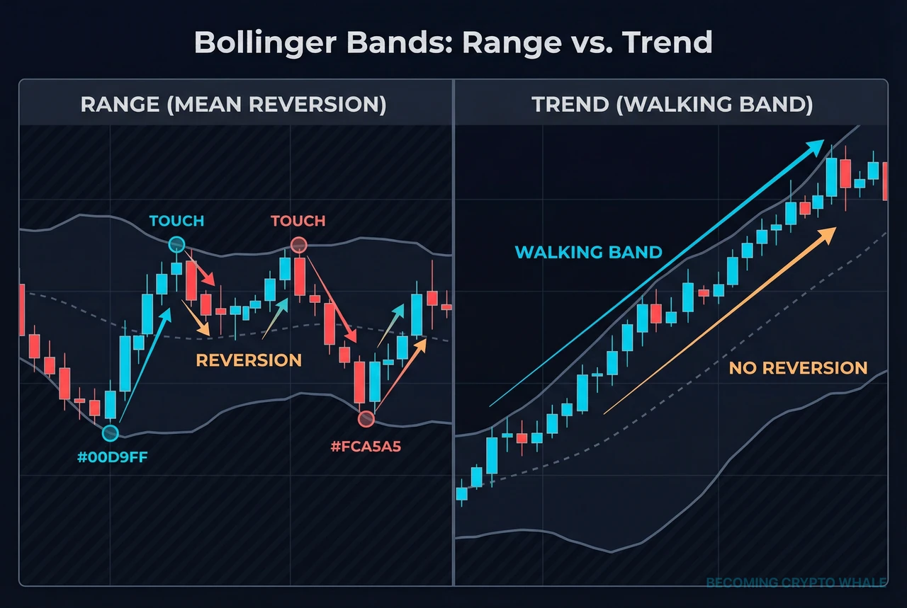 On the left, a range where upper/lower Bollinger Band touches revert toward the middle; on the right, a strong trend where price walks along the outer band and does not revert immediately