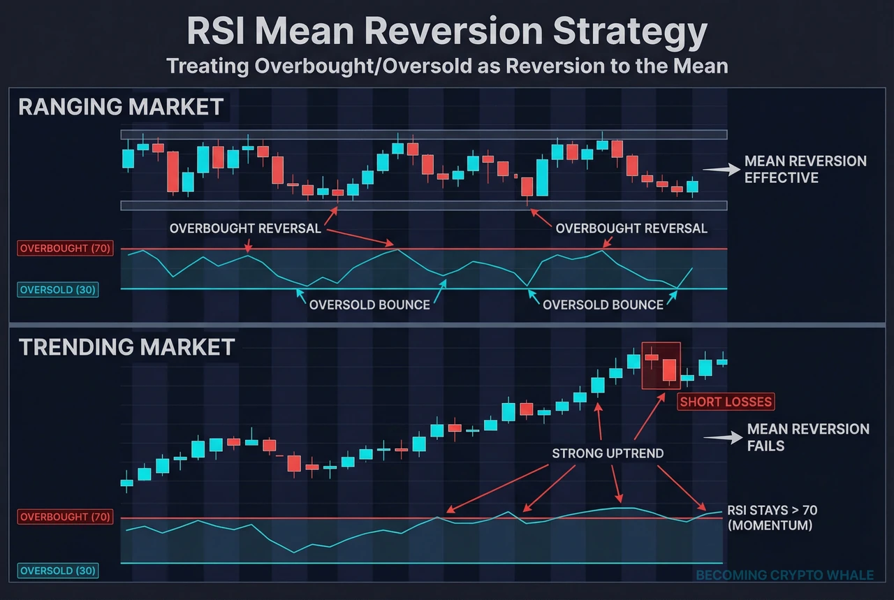 On the left, a range where RSI repeatedly bounces from near 30 and turns down from near 70; on the right, a strong uptrend where RSI stays above 70 and simple overbought shorts lose money
