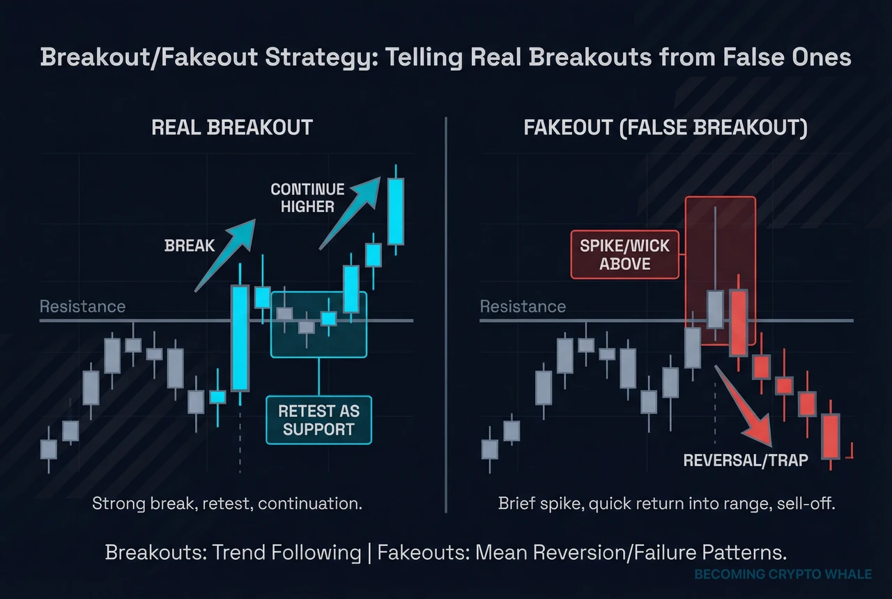 On the left, a strong bullish candle breaking above a range and then retesting the old resistance as support; on the right, a brief spike above resistance that quickly returns into the range and reverses down