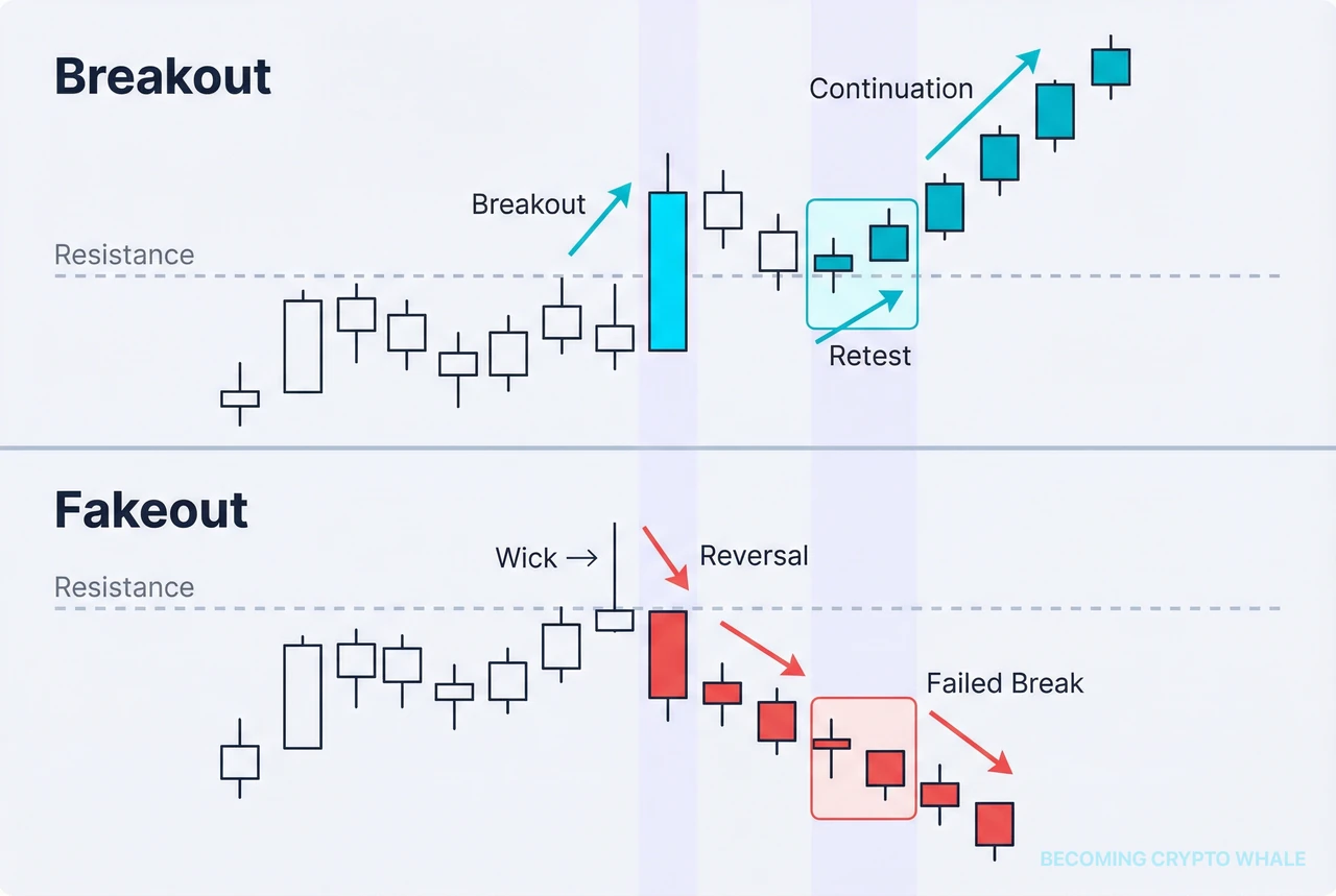 On the left, a strong bullish candle breaking above a range and then retesting the old resistance as support; on the right, a brief spike above resistance that quickly returns into the range and reverses down