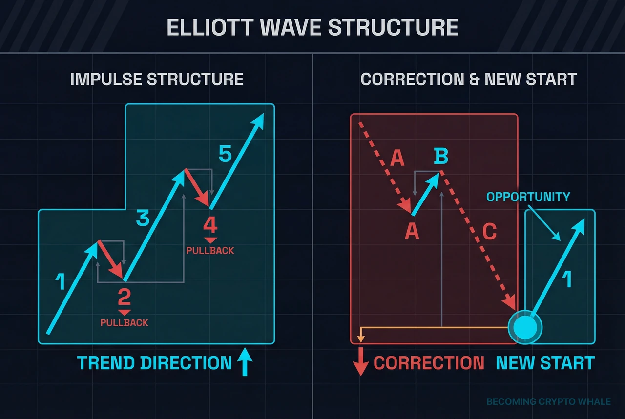 Diagramme montrant des vagues haussières 1, 3, 5 avec des replis 2, 4 entre les deux à gauche, et une vague corrective baissière A-B-C suivie du début d'une nouvelle vague impulsive haussière à droite