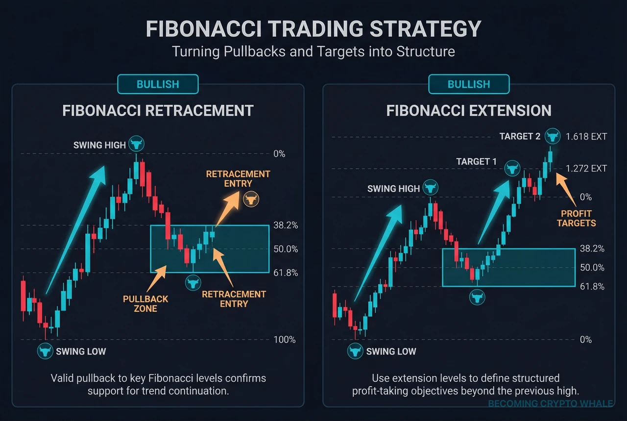 À gauche, une structure où la correction s'arrête dans la zone de retracement 38,2 %~61,8 % pour un swing haussier et remonte ; à droite, une structure qui définit les zones d'extension 1,272 et 1,618 comme objectifs de prise de profit pour le même swing