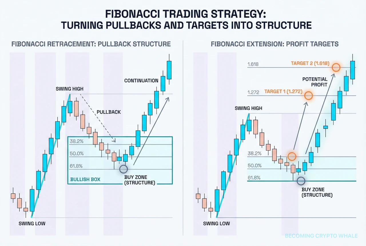 À gauche, une structure où la correction s'arrête dans la zone de retracement 38,2 %~61,8 % pour un swing haussier et remonte ; à droite, une structure qui définit les zones d'extension 1,272 et 1,618 comme objectifs de prise de profit pour le même swing