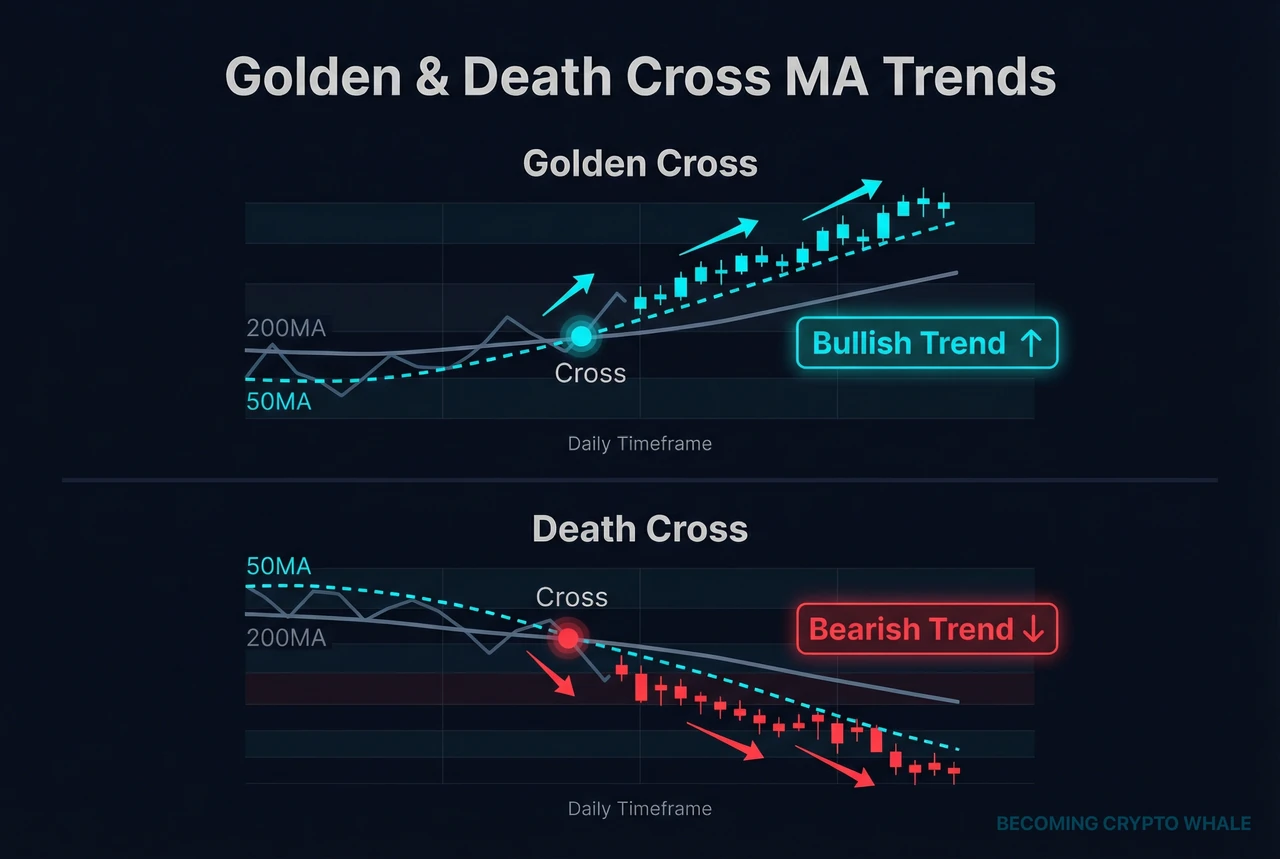 Sa kaliwa, isang uptrend na sumusunod sa isang Golden Cross kung saan ang 50MA ay bumabasag sa itaas ng 200MA sa daily chart; sa kanan, isang downtrend na sumusunod sa isang Death Cross kung saan ang 50MA ay bumabasag sa ibaba ng 200MA, na nakaayos nang magkatabi