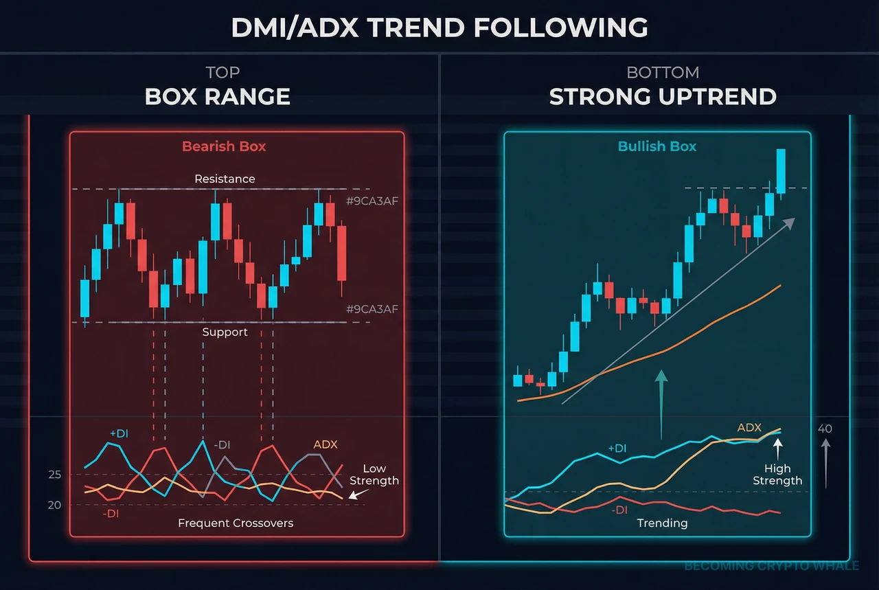 Left shows frequent +DI/-DI crossovers with low ADX in a box range; Right shows +DI staying above -DI with ADX maintaining high values above the baseline in an uptrend