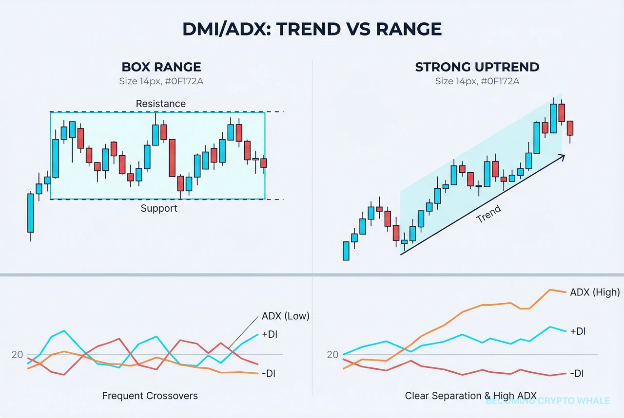 Left shows frequent +DI/-DI crossovers with low ADX in a box range; Right shows +DI staying above -DI with ADX maintaining high values above the baseline in an uptrend