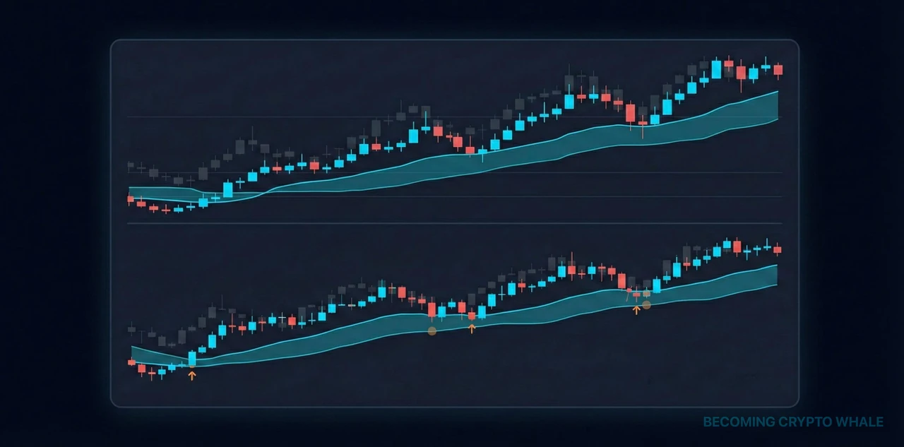 Top shows price flowing above Ichimoku Cloud in a daily uptrend with Cloud top and Base Line acting as dynamic support; Bottom shows the structure of attempting trend-following entries at every pullback zone inside the Cloud on the 4-hour chart of the same section