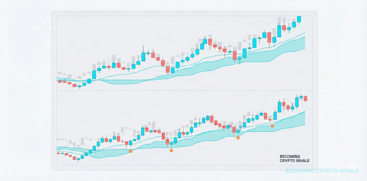 Top shows price flowing above Ichimoku Cloud in a daily uptrend with Cloud top and Base Line acting as dynamic support; Bottom shows the structure of attempting trend-following entries at every pullback zone inside the Cloud on the 4-hour chart of the same section
