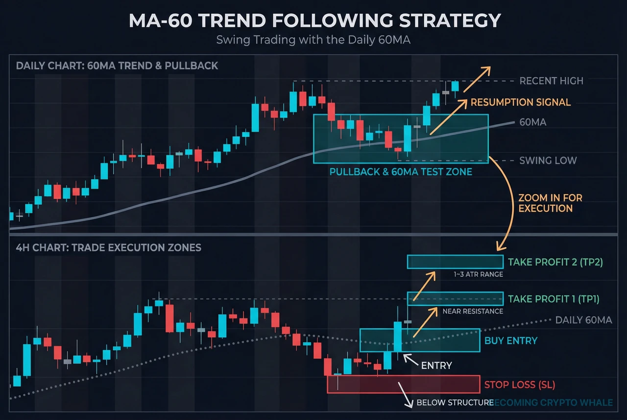 Multi-timeframe example diagram showing the flow of price correcting and rising again near the 60-day moving average on the daily chart at the top, and zooming into the same section on the 4-hour chart to show entry, stop loss, and partial profit taking zones at the bottom