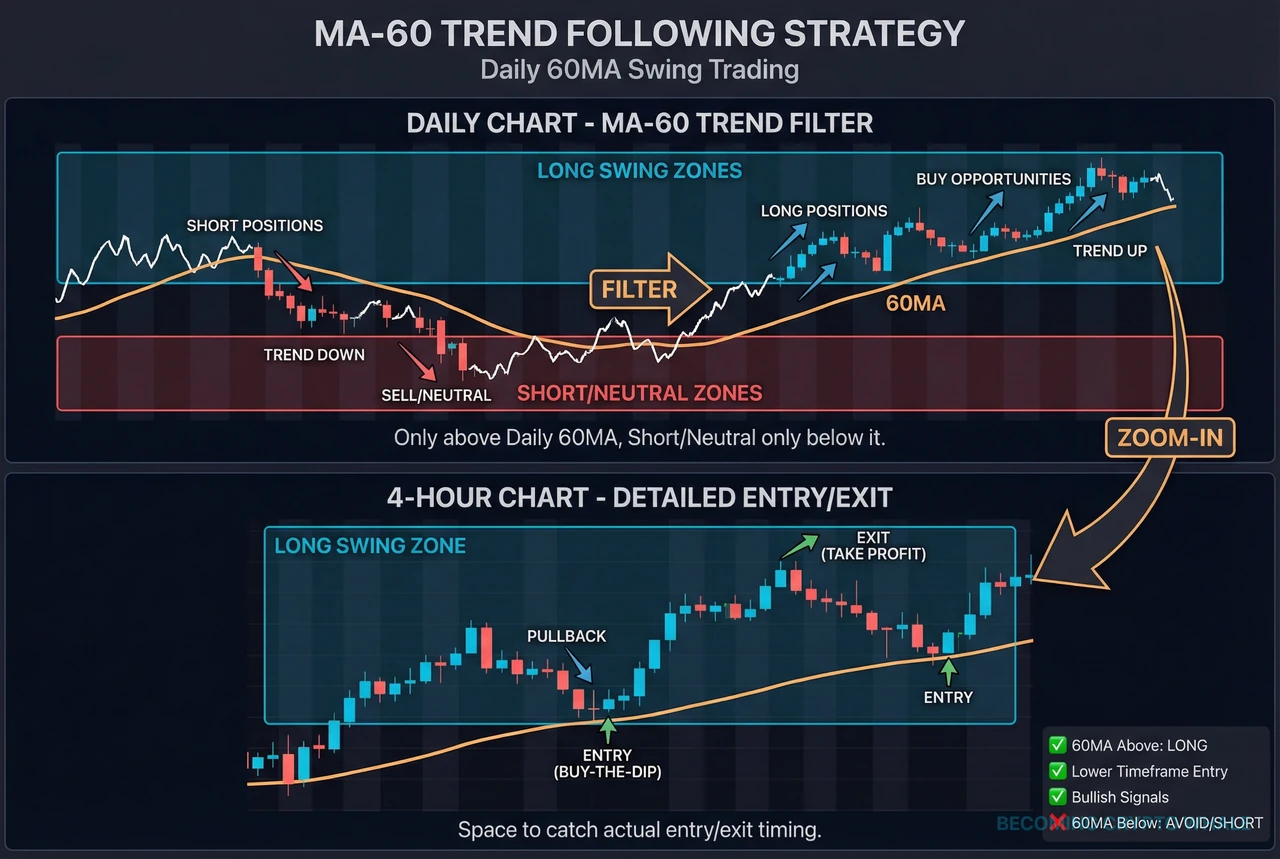 Diagram showing long swing positions only above the 60-day moving average on the daily chart at the top, and zooming into the same section on the 4-hour chart at the bottom to show detailed entry and exit zones