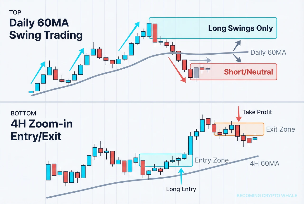 Diagram showing long swing positions only above the 60-day moving average on the daily chart at the top, and zooming into the same section on the 4-hour chart at the bottom to show detailed entry and exit zones