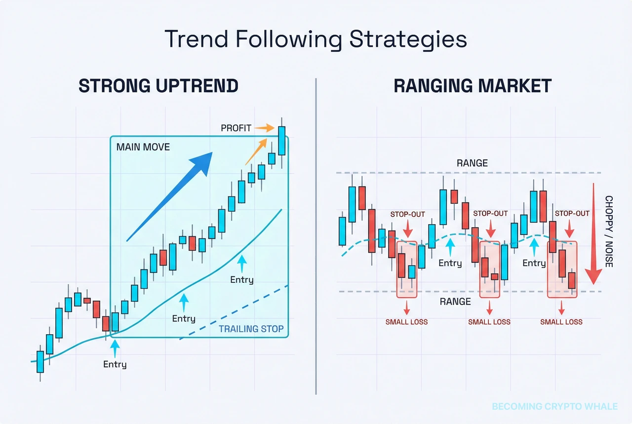 Слева восходящий тренд с входами вдоль скользящей средней и длительным трендовым движением, справа диапазон, где те же правила тренд-следования дают несколько маленьких стоп-лоссов